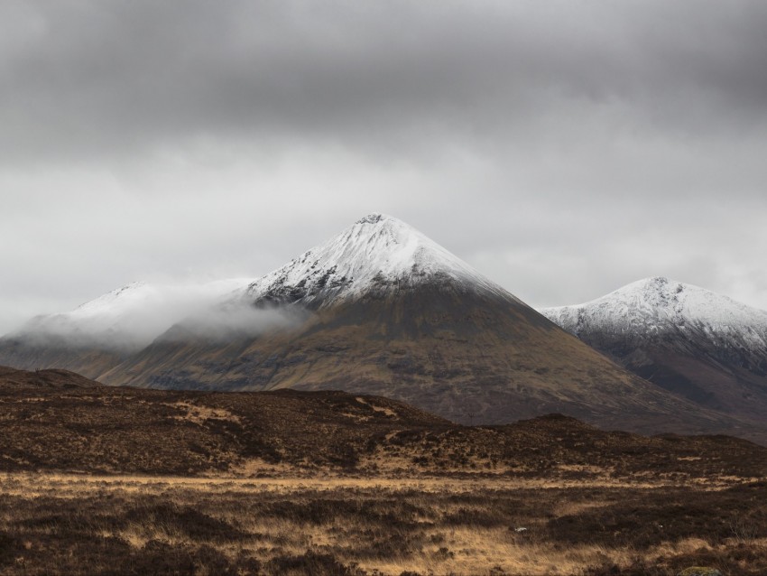 mountain, peak, fog, snowy, clouds