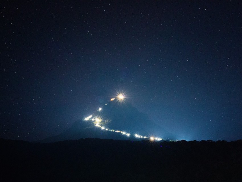 mountain, peak, light, night, lights, darkness