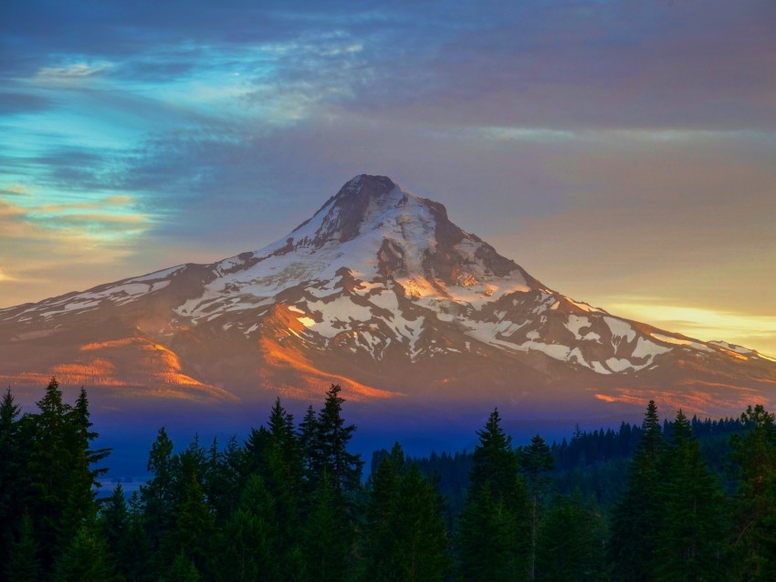 mountain, peak, rainbow, snowy, fog