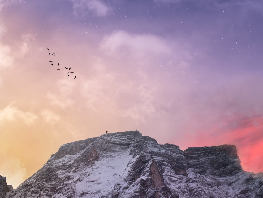 Mountain Peak Silhouette Birds Sky Stars Background