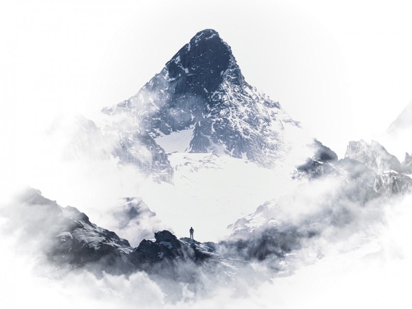 mountain, peak, silhouette, snow, clouds, white