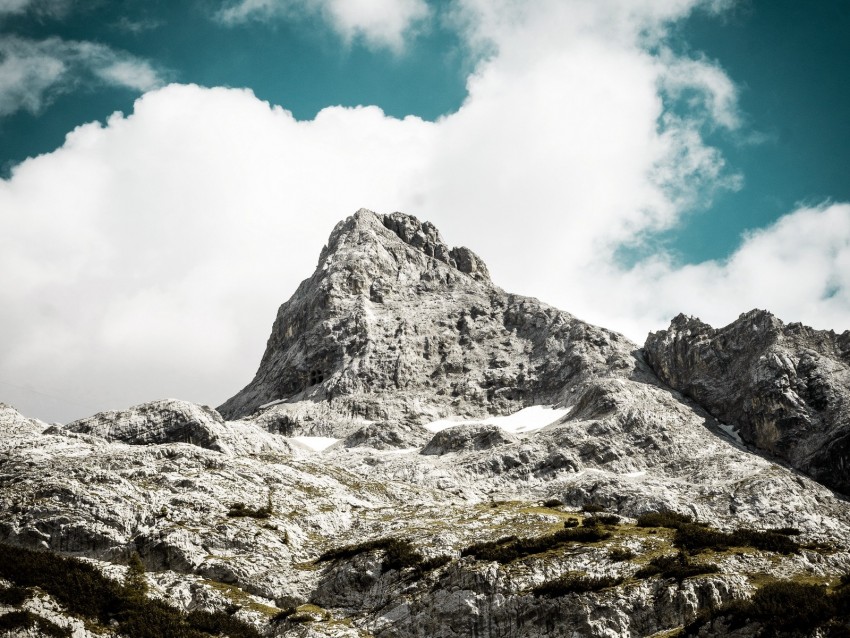 mountain, peak, sky, clouds, stones