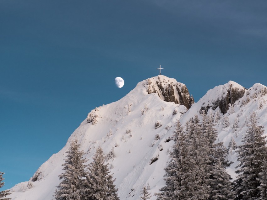 mountain, peak, snow, trees, moon, cross