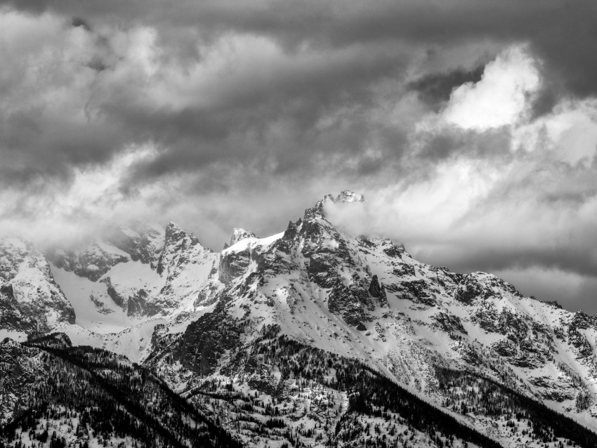 mountain, peak, snowy, clouds, fog, snow