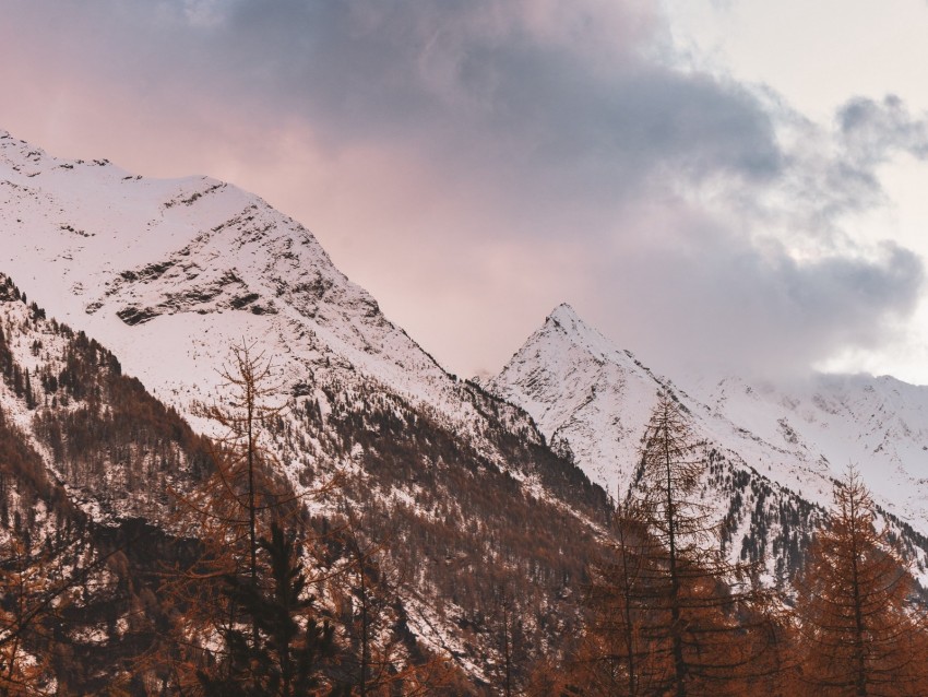 mountain, peak, snowy, clouds, trees, autumn, italy