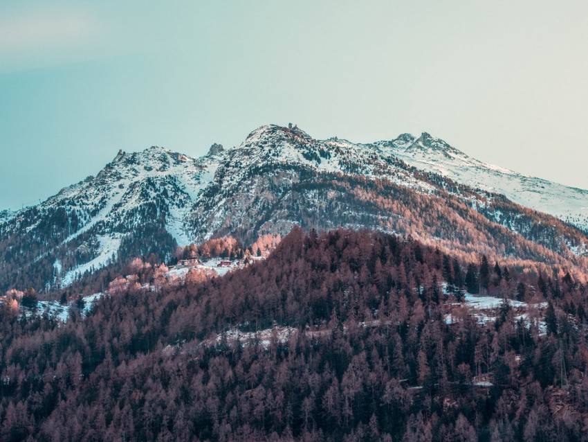 mountain, peak, snowy, village, sky