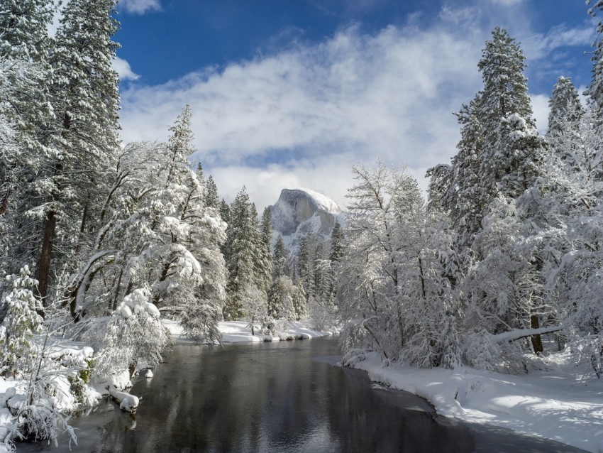 Mountain River Snow Trees Valley Background