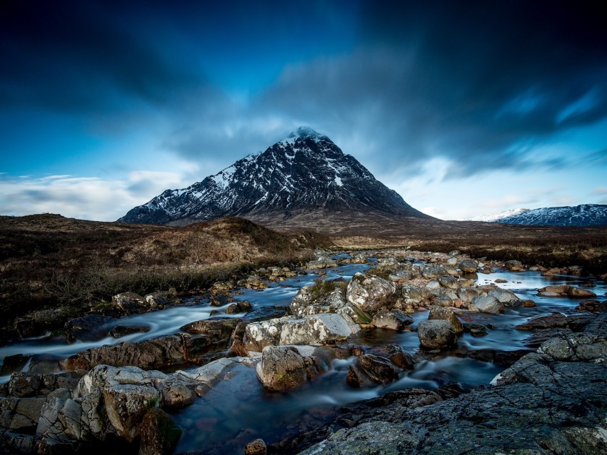 mountain, river, stones, clouds, sky, landscape, water