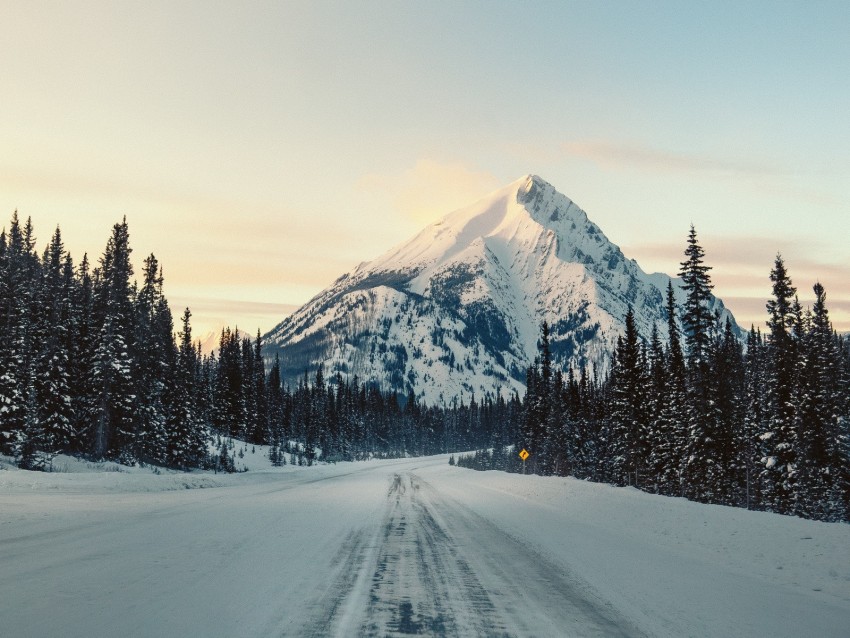 Mountain Road Snow Winter Trees Landscape Background