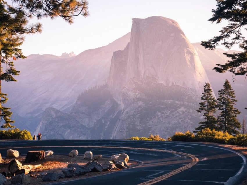 mountain, road, turn, branches, trees