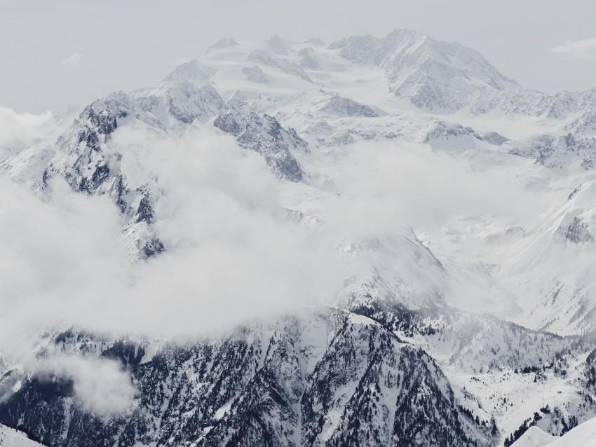 snowy mountains, alpine landscape, mountain range, winter scenery, cloud cover