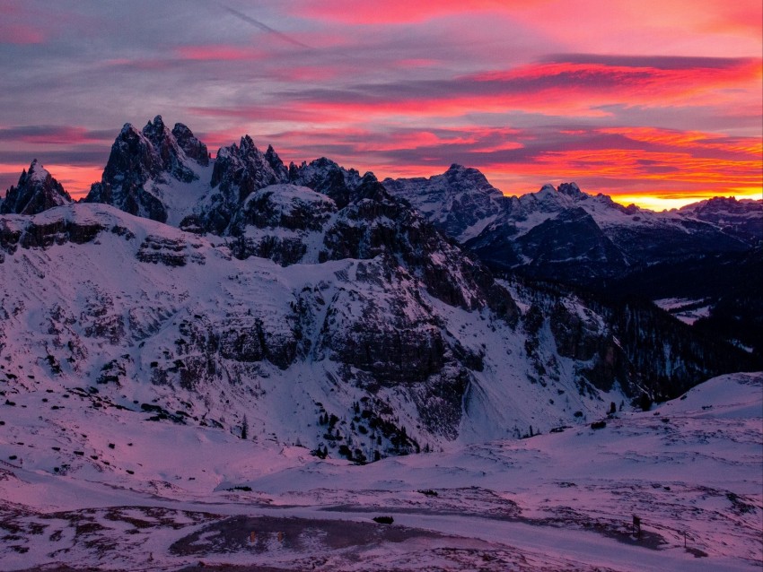 Mountain Snow Peaks Sunset Tre Cime Di Lavaredo Mountain Range Background