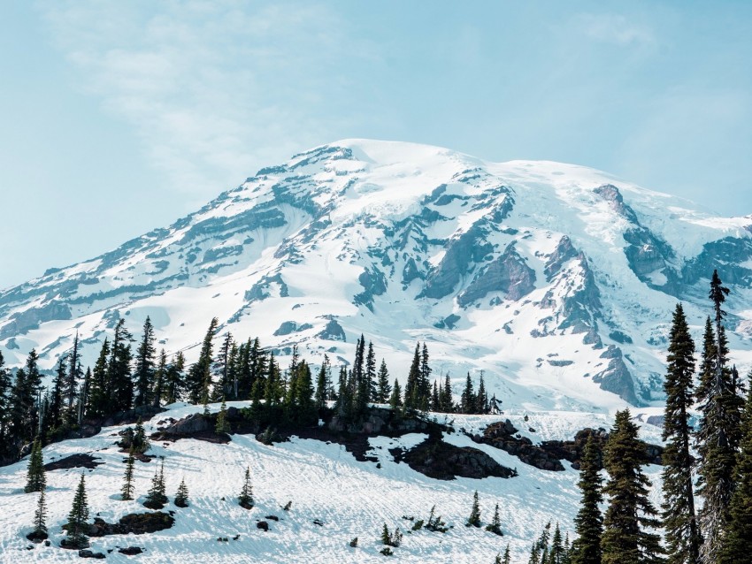 mountain, snow, trees, landscape, winter