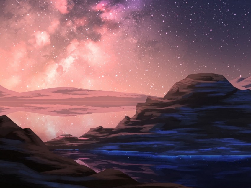 mountain, stars, starry sky, art, night