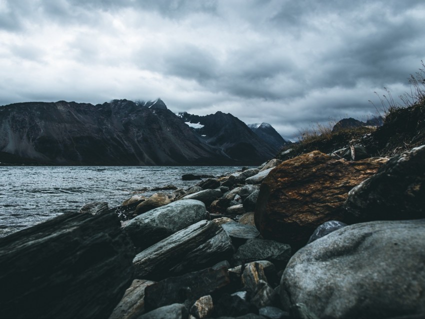 Mountain Stones Water Lake Fog Overcast Background