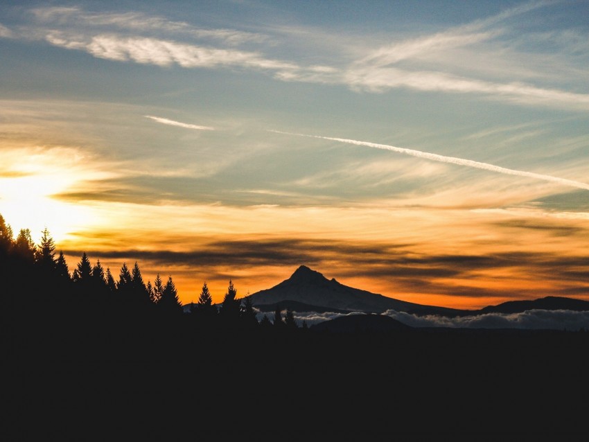 mountain, sunset, sky, clouds, trees, landscape, twilight