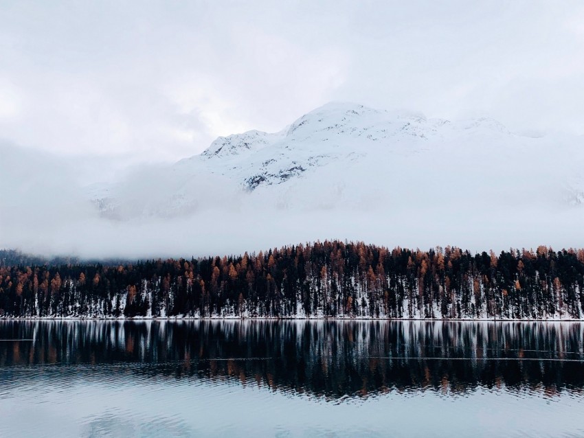 mountain, trees, lake, snow, winter, sky