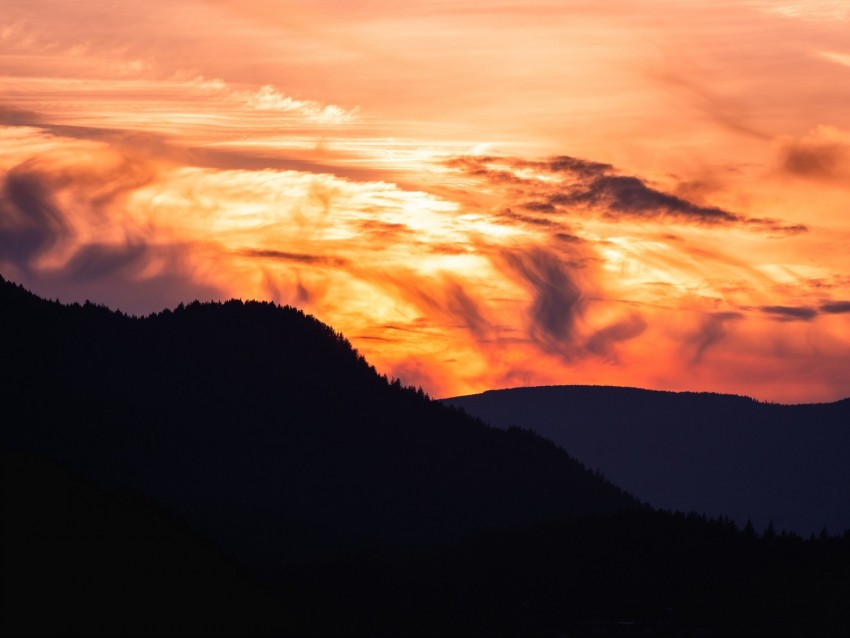 Mountain Trees Sunset Outlines Clouds Background