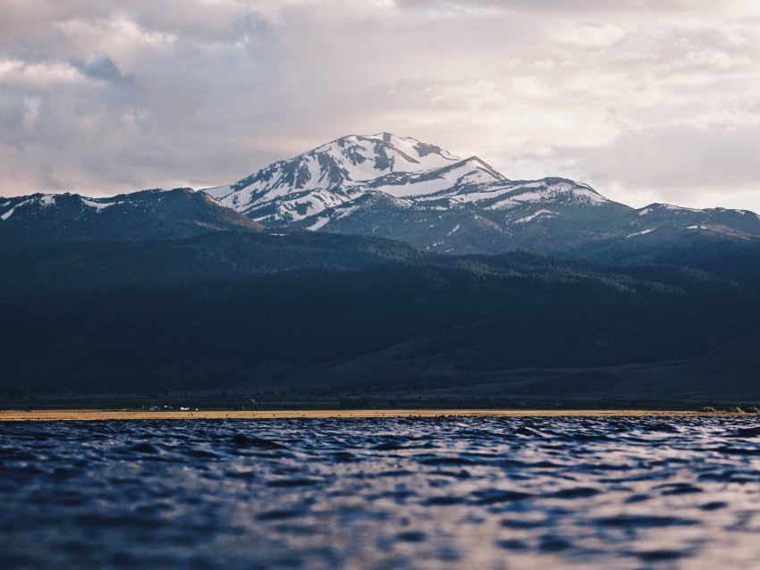 mountain, water, blur, peaks, clouds