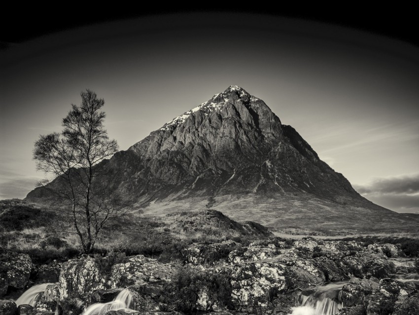 mountain, waterfall, bw, current, river