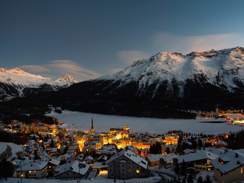 mountain, winter, village, snow, light, switzerland