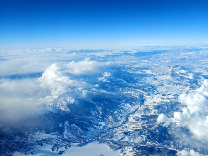 Mountains Aerial View Sky Clouds Peaks Background