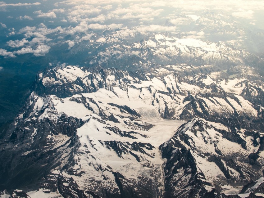 mountains, aerial view, snowy, peaks, clouds, sky