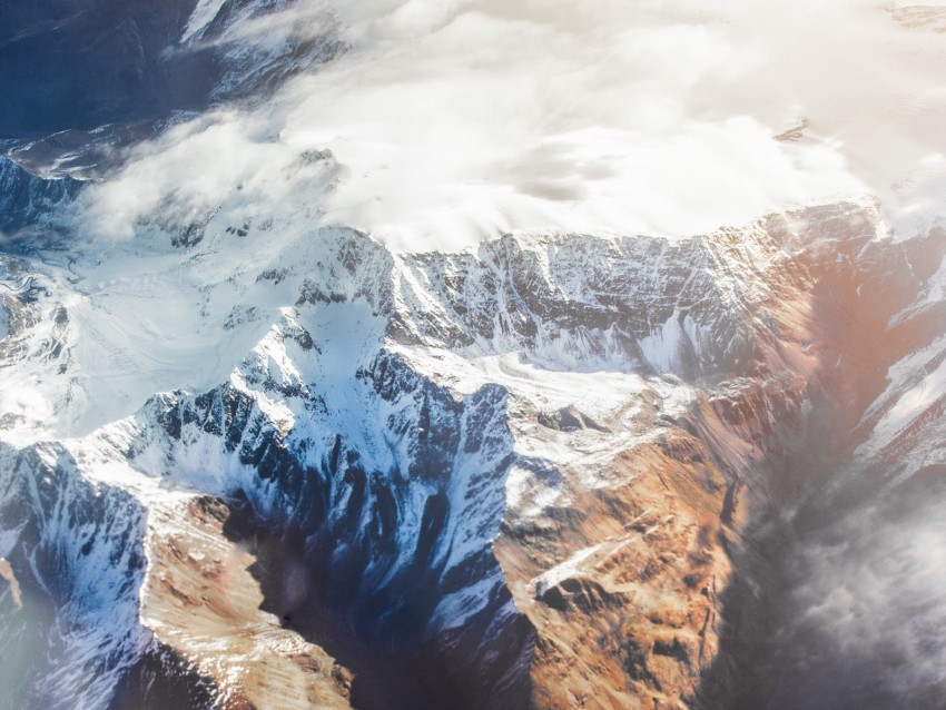 mountains, aerial view, tops, snow, clouds