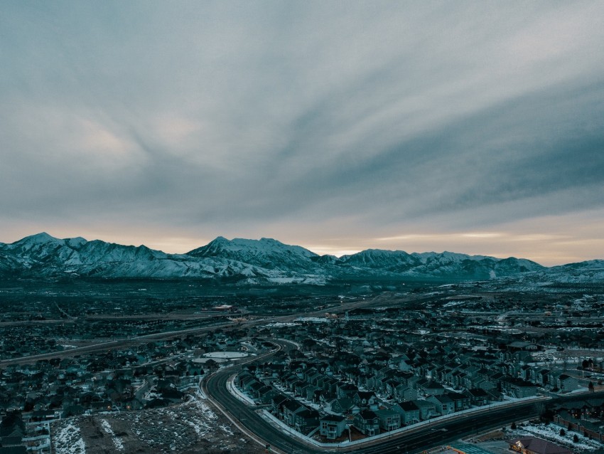 Mountains Aerial View Village Snowy Sky Background