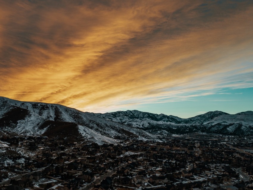 mountains, aerial view, village, twilight, sky