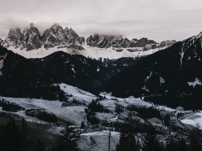 mountains, aerial view, winter, snow, dolomites, italy