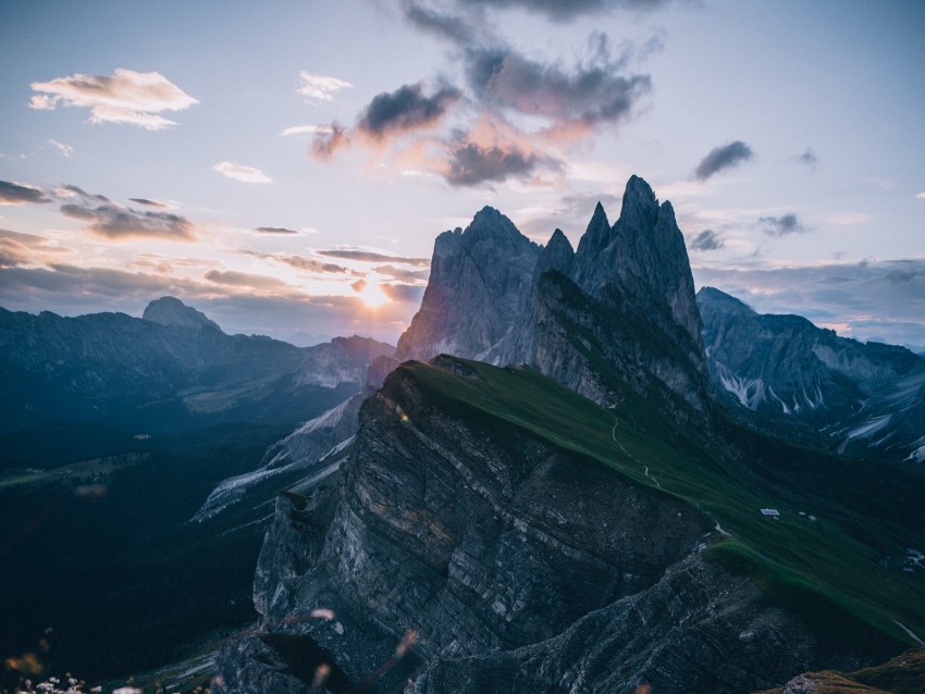 mountains, alps, peaks, lawn, sky, landscape