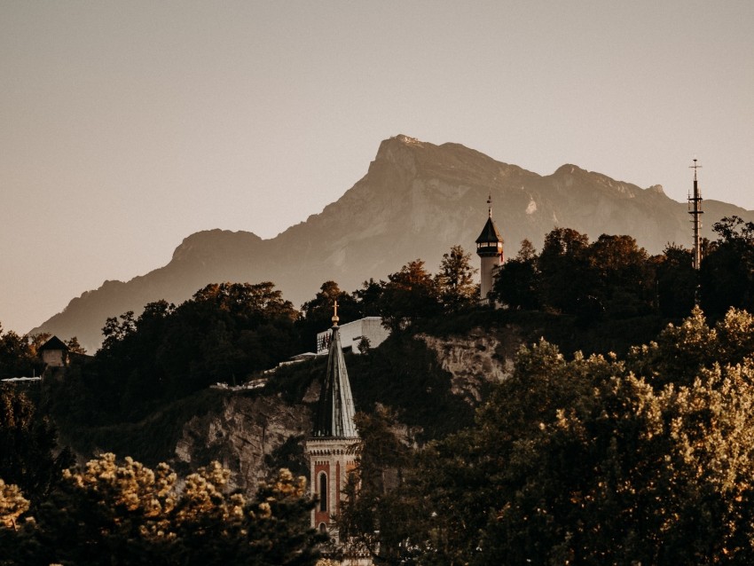 mountains, buildings, trees, architecture, nature