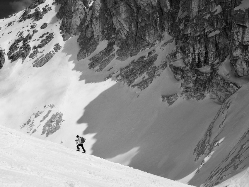 mountains, climber, snow, bw, landscape