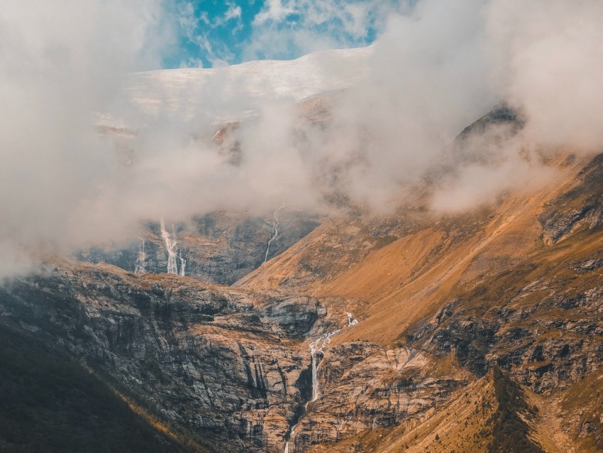 mountains, clouds, aerial view, fog