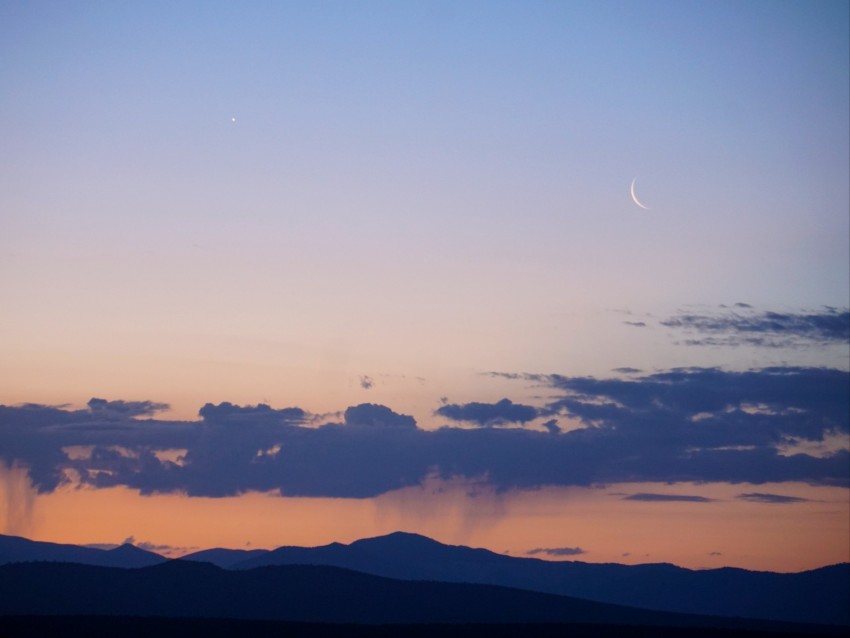 mountains, clouds, moon, twilight, evening, landscape