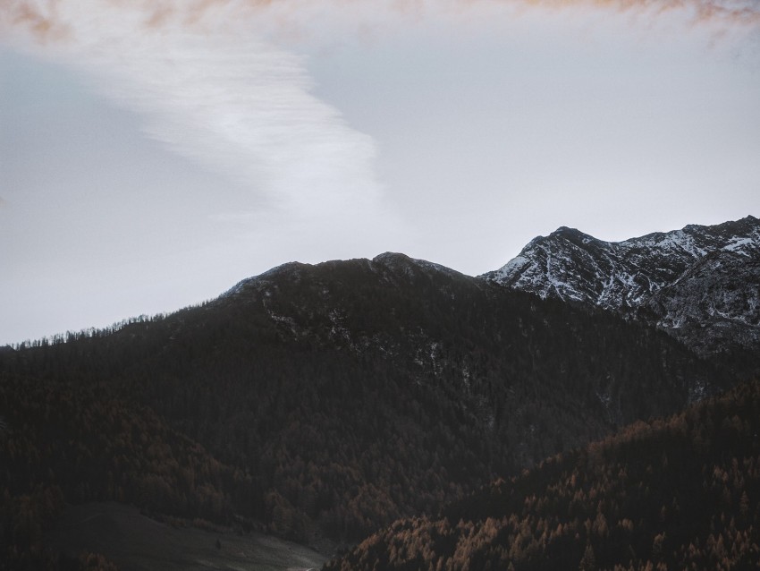 mountains, clouds, sky, peak, trees