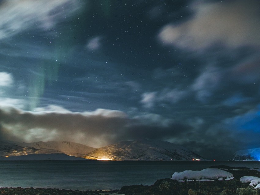 mountains, clouds, starry sky, night, aurora, landscape