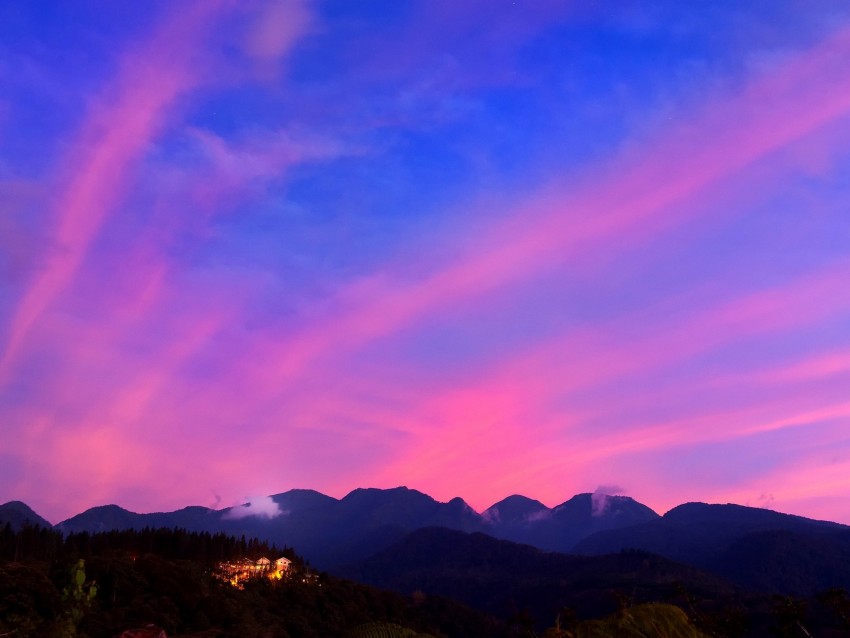 mountains, clouds, village, light, sky, aerial view