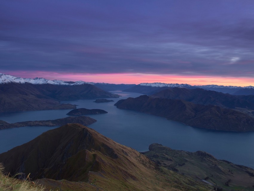 mountains, dawn, lake, aerial view, new zealand