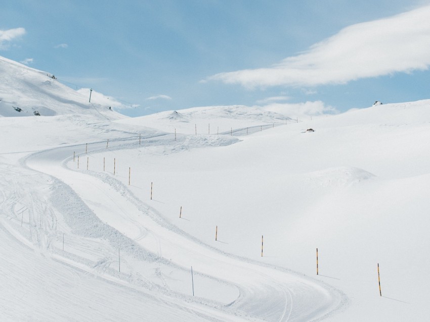 mountains, descent, ski slope, snow, winding