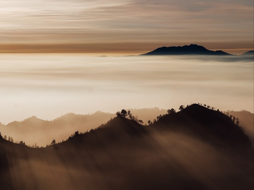 Mountains Fog Clouds Peaks Indonesia Background