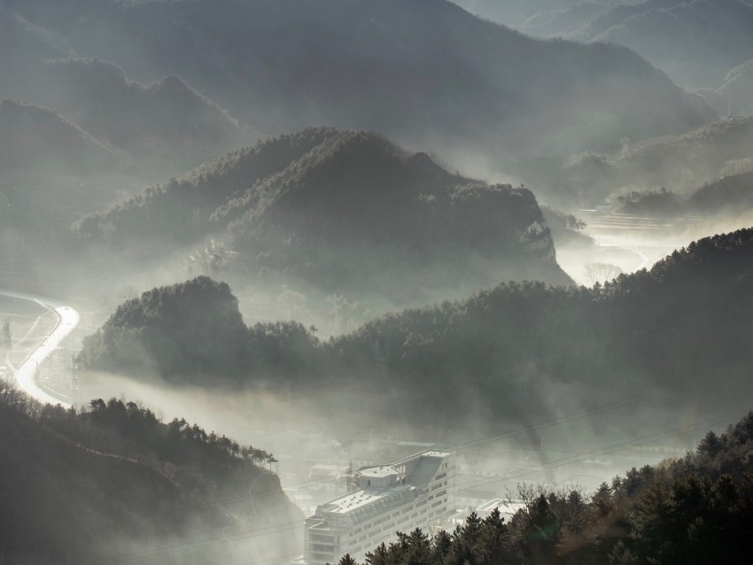 Mountains Fog Forest Aerial View Background