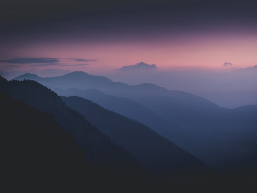 mountains, fog, night, dark, trees, slopes