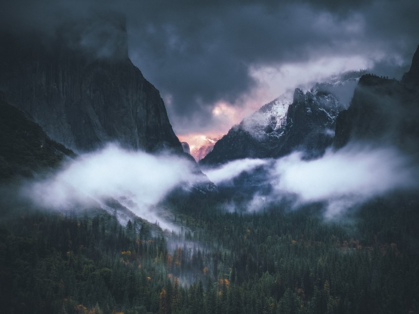 mountains, fog, night, sky, grass, dark