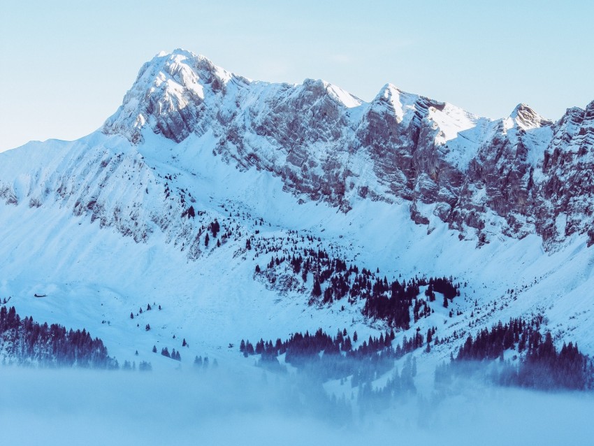 Mountains Fog Peak Snow Snowy Twilight Background