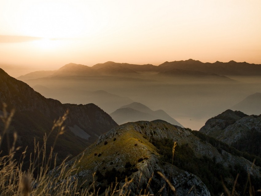 Mountains Fog Peaks Dusk Landscape Background