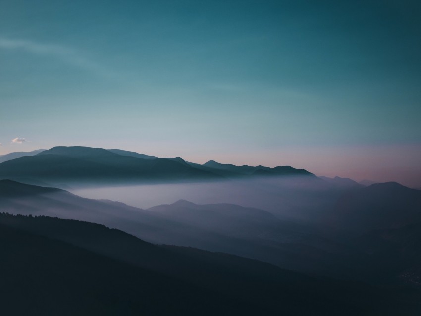 mountains, fog, peaks, sky, twilight, iran