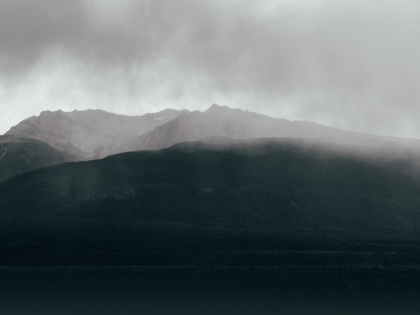 mountains, fog, sky, horizon, clouds