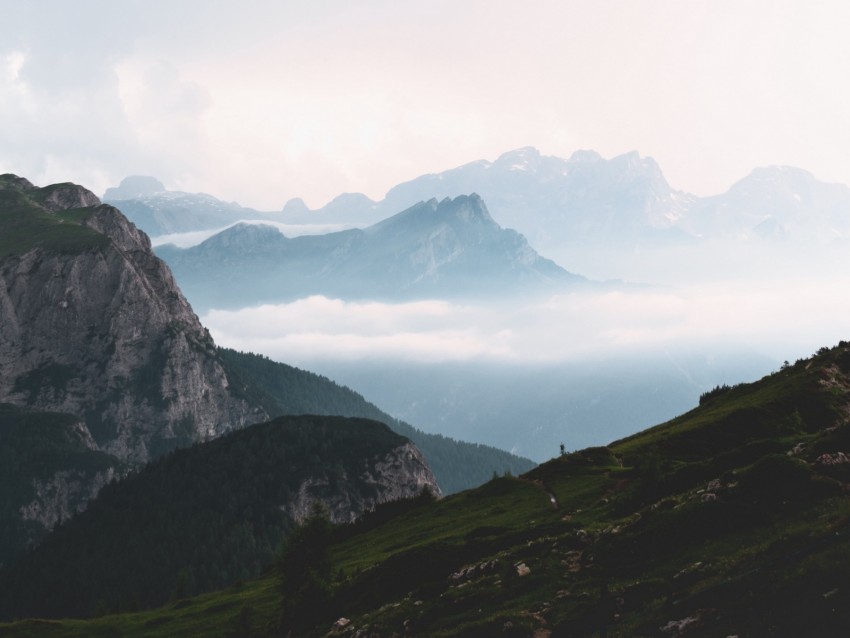 mountains, fog, sky, landscape, distance